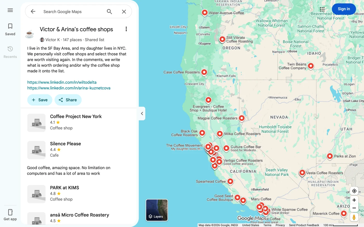 The shared Google Maps list of coffee shops, with its West Coast places on the map