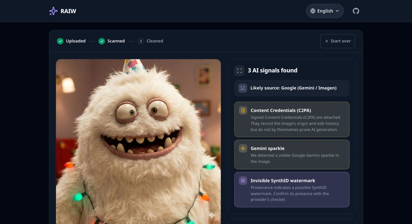 raiw.cc after reading a Gemini image with a visible sparkle, listing the AI signals it found