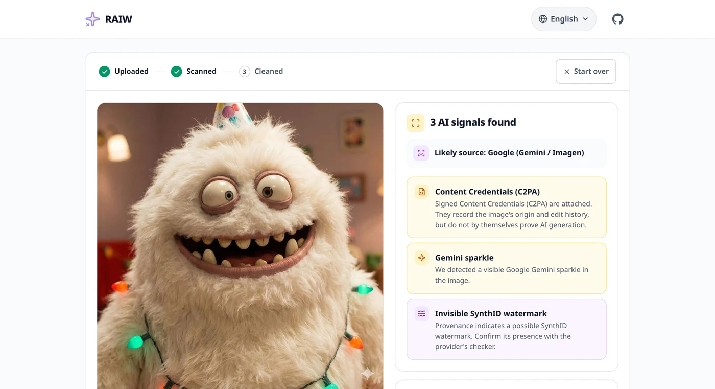 raiw.cc after reading a Gemini image with a visible sparkle, listing the AI signals it found
