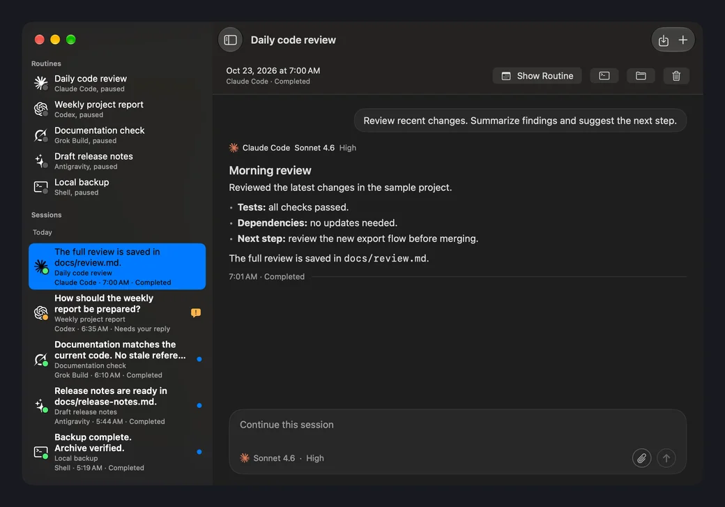 Rota showing scheduled tasks and a conversation in dark appearance
