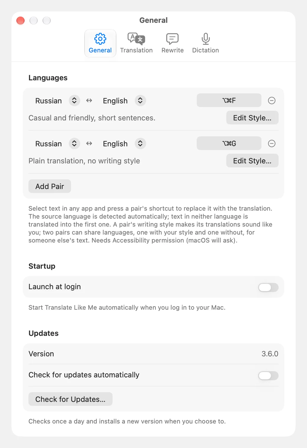 Translate Like Me language-pair settings