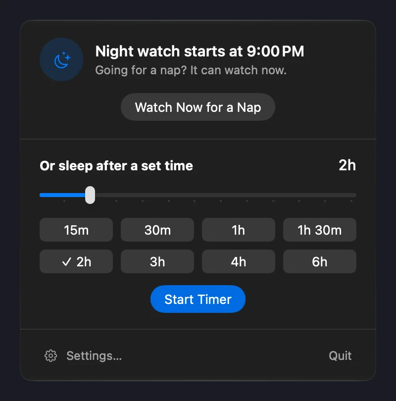 Night watch, nap mode and manual sleep timer in dark appearance