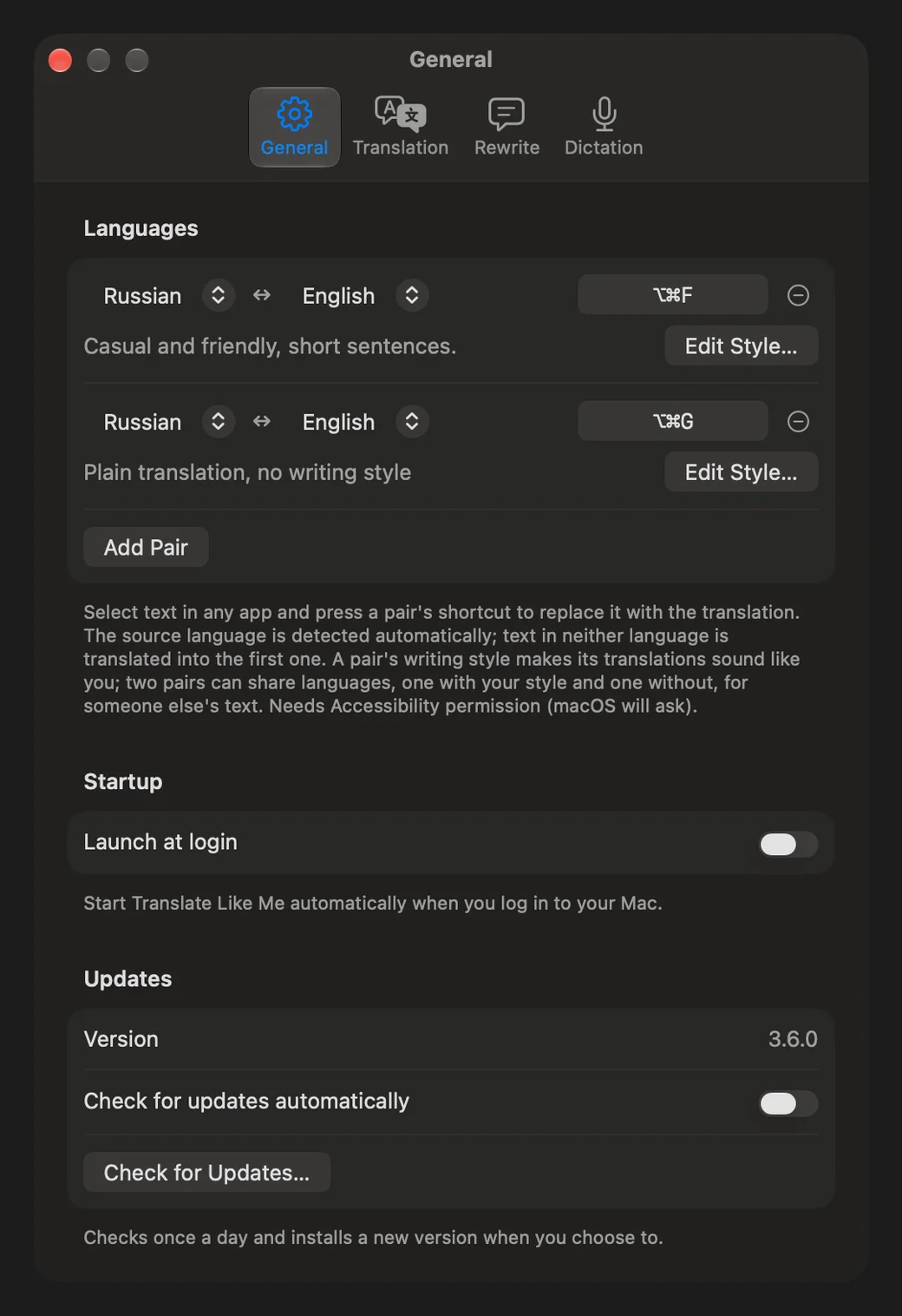 Translate Like Me language-pair settings in dark appearance